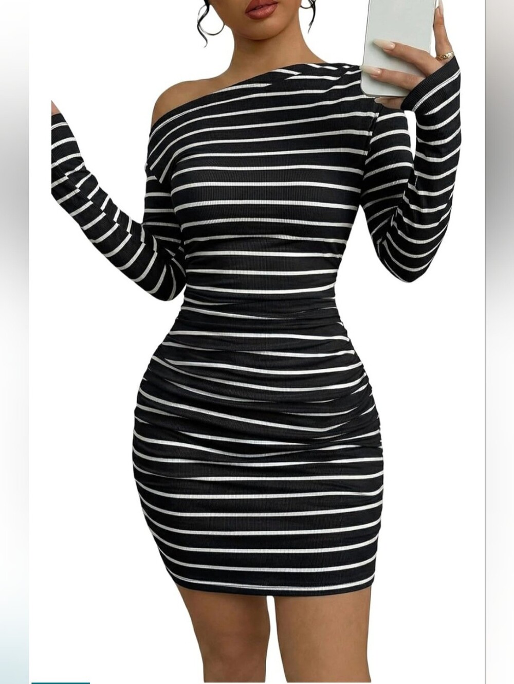 Trendy Off Shoulder Ruched Striped Mini Dress Size Large NWT